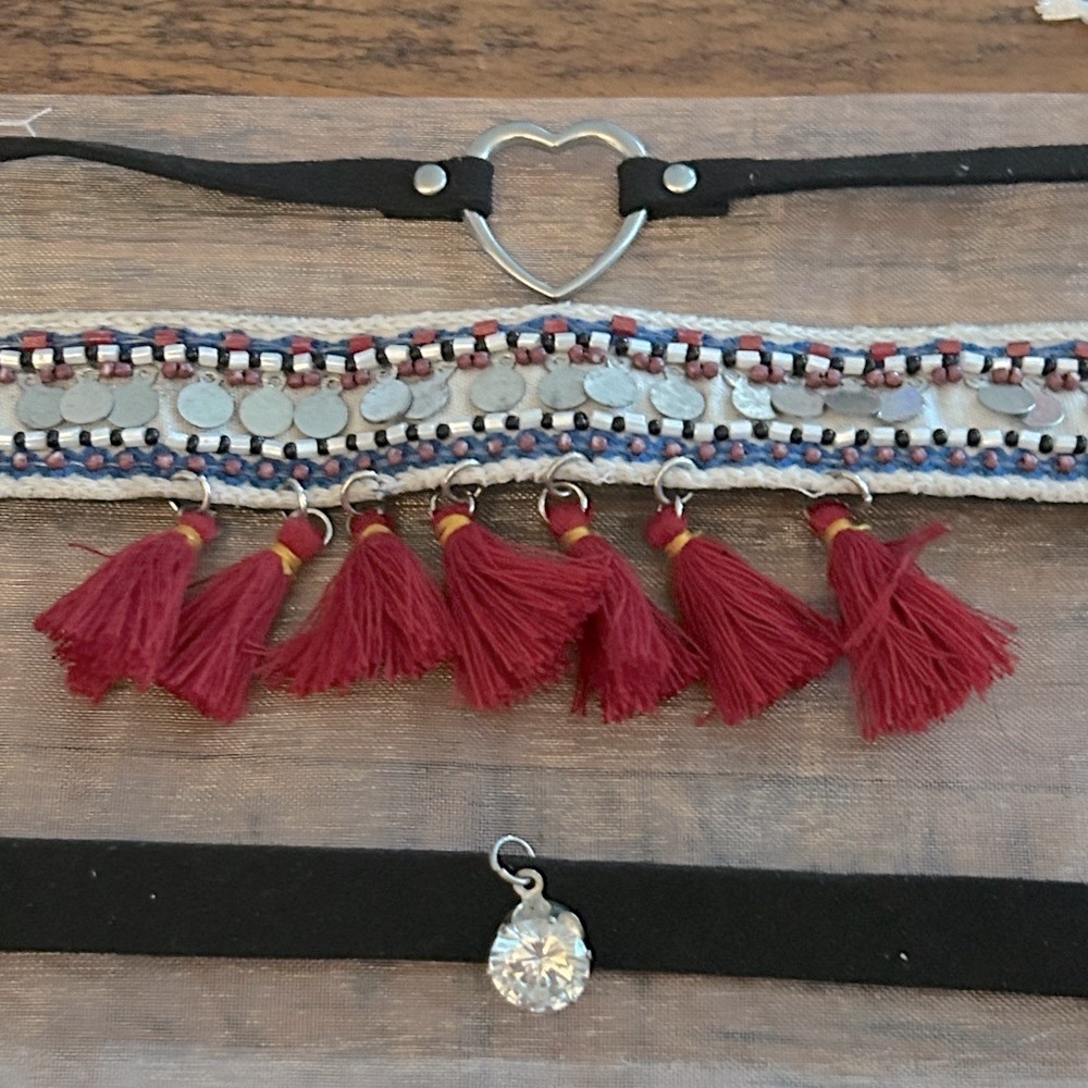 Vintage 70’s Bohemian Red Tassel Choker Necklace set‎ of 3